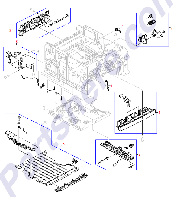 HP parts picture diagram for RG5-5553-000CN, RG5-5554-050CN, RG5-5548-000CN, RG5-5552-000CN, RG5-5555-020CN, RG5-5565-000CN, RB2-6249-000CN, RB2-6271-000CN